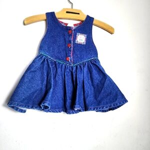 Vintage 90s OshKosh Girls Size 2T Denim Blue Jumper Dress Plaid Trim Buttons USA